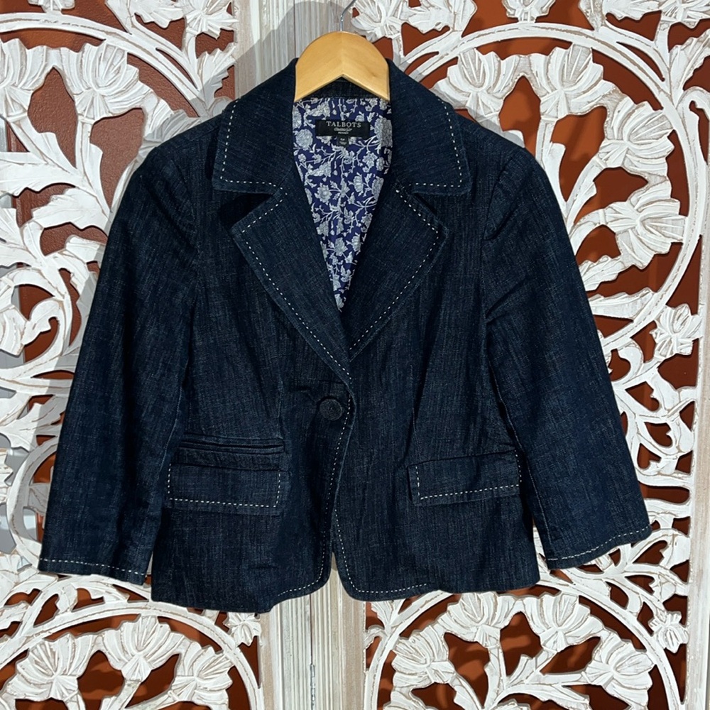 Talbot’s denim blazer 3/4 sleeve with white thread detail.
